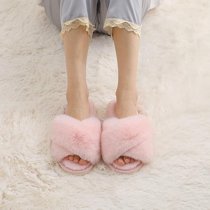 Evshine Women's Fuzzy Slippers Cross Band Memory Foam House Slippers Open Toe - Image 6
