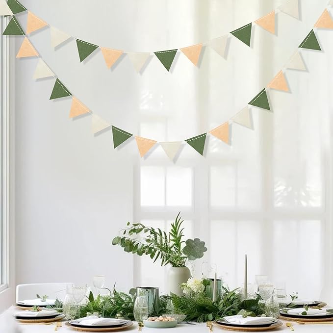 Sage Green Party Decorations Olive Green Tan Brown Cream Felt Hanging Triangle - Image 8
