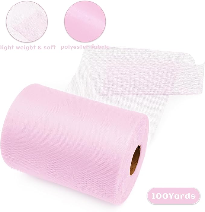 6 Inch × 100 Yards Tulle Mesh Ribbon Light Pink Tulle Fabric Ribbon Roll - Image 2