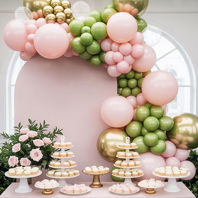 Retro Sage Green and Pink Balloons, 12 inch Metallic Gold Olive Green Pink - Image 4