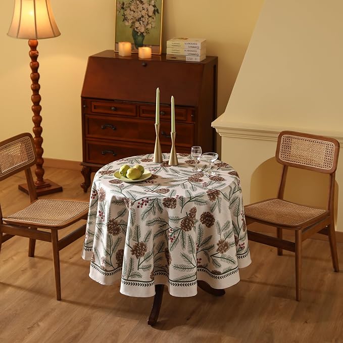 ISAENNE Designer Christmas Beige Linen Round Tablecloth, Pinecones Pattern - Image 8