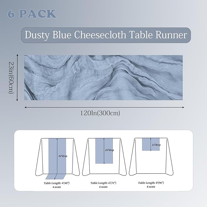 6 Pack Dusty Blue Cheesecloth Table Runner 23x120 inch Rustic Boho Gauze Table - Image 4