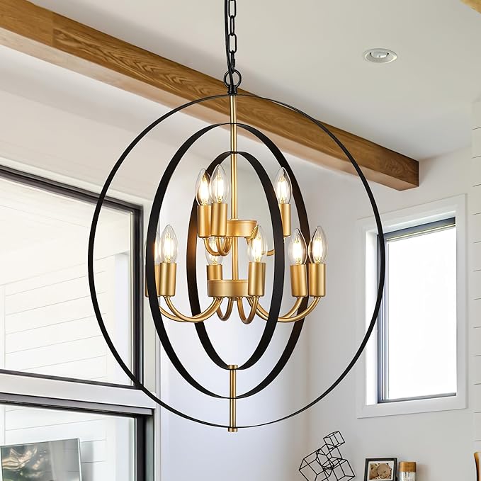 9-Light Globe Rustic Metal Chandelier, 23.6" Black Gold Adjustable Hanging by TACDANDM