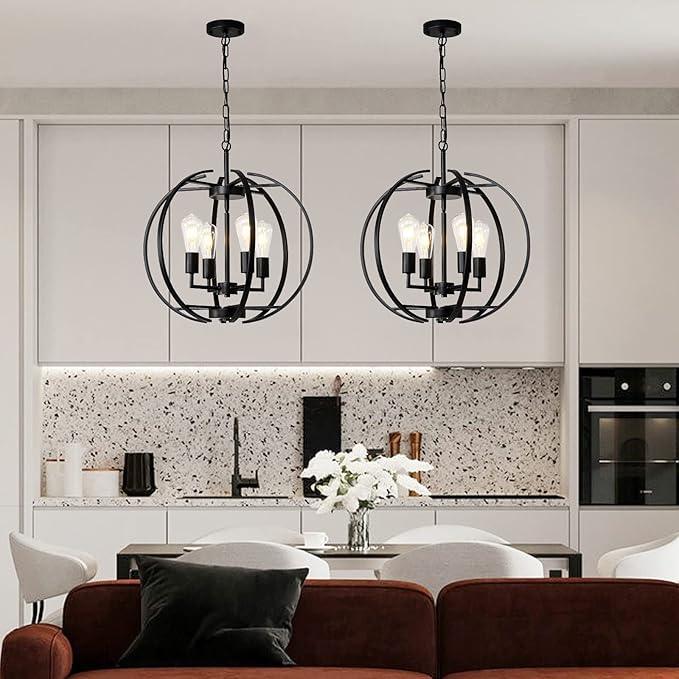Large Lantern Globe Black Chandelier Lighting, Farmhouse Chandelier Adjustable - Image 3