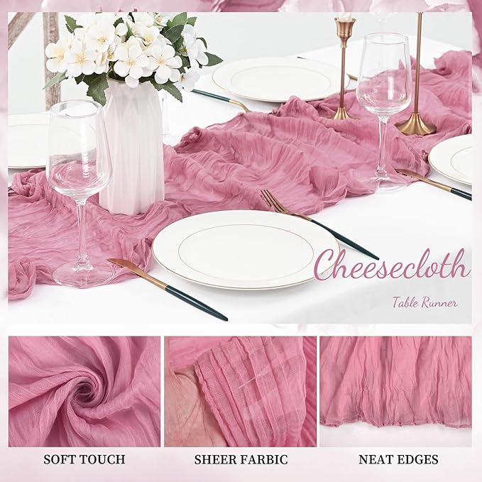 6 Pack Dusty Rose 10FT Cheesecloth Table Runner 20 x 120 Inch Long Rustic Gauze - Image 3