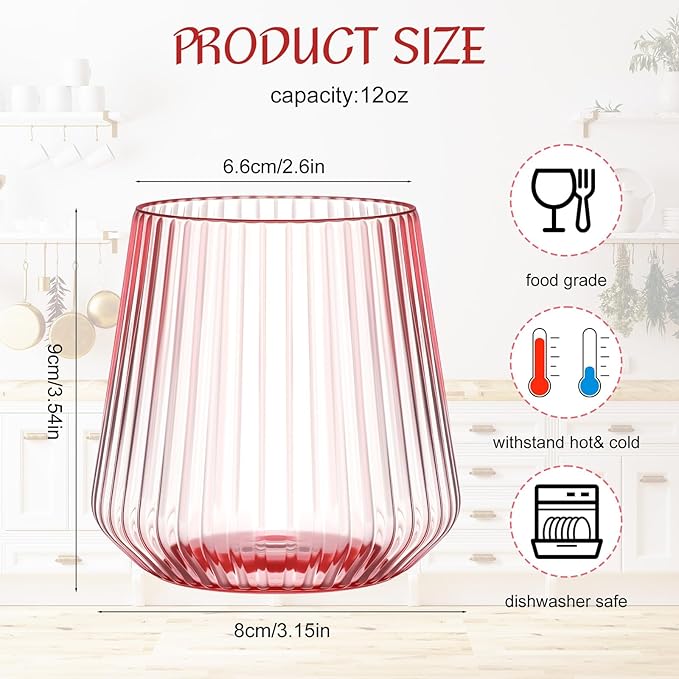 24 Pcs Pink Plastic Wine Glasses Ribbed Disposable Wine Glasses Unbreakable - Image 2
