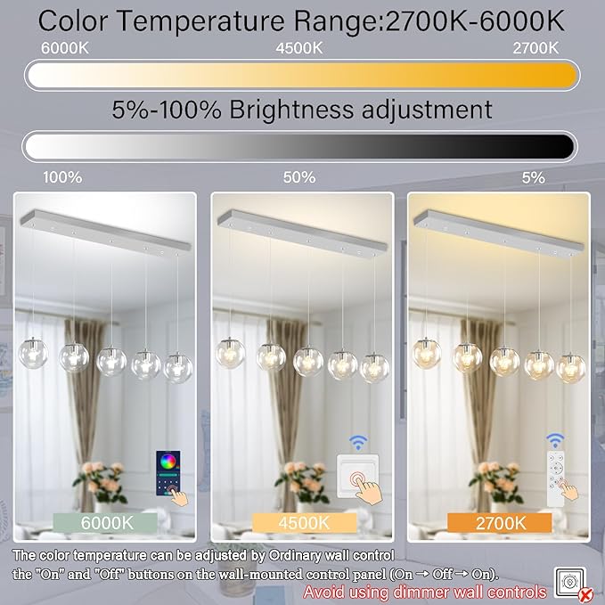 5-Lights Modern Rectangle Chandelier Globe Pendant Light, Chrome Linear Globe - Image 4