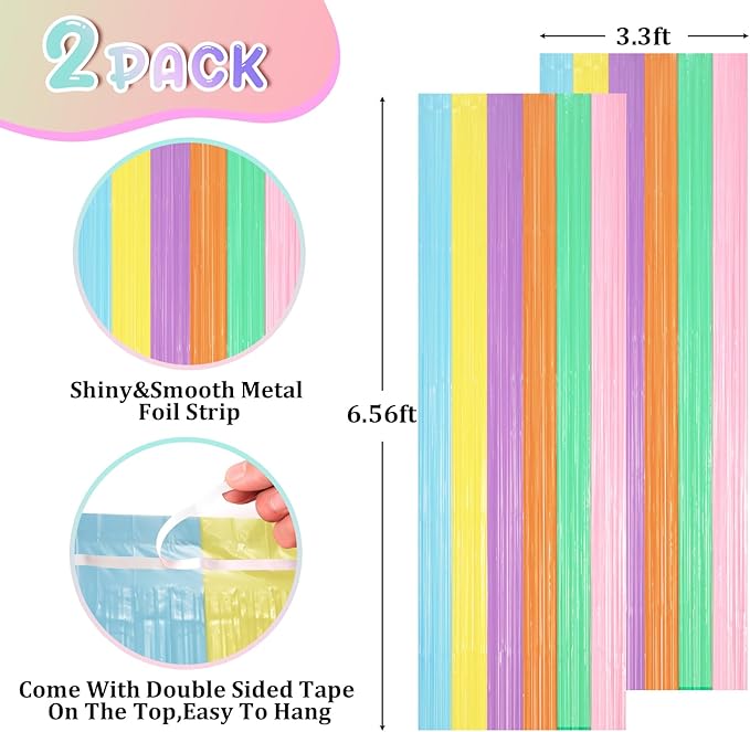 2 Pack Pastel Rainbow Foil Fringe Backdrop Curtains, Tinsel Streamers Party - Image 2