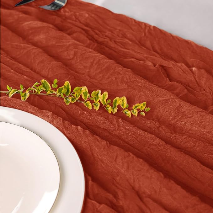 Hahuho Terracotta Cheesecloth Table Runner 10ft, Gauze Boho Rustic Table Runners - Image 3