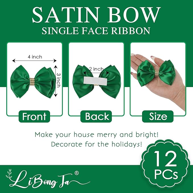 Hunter Green Ribbon Bows 4'' Premade Satin Bow, Gift Bows - Image 2