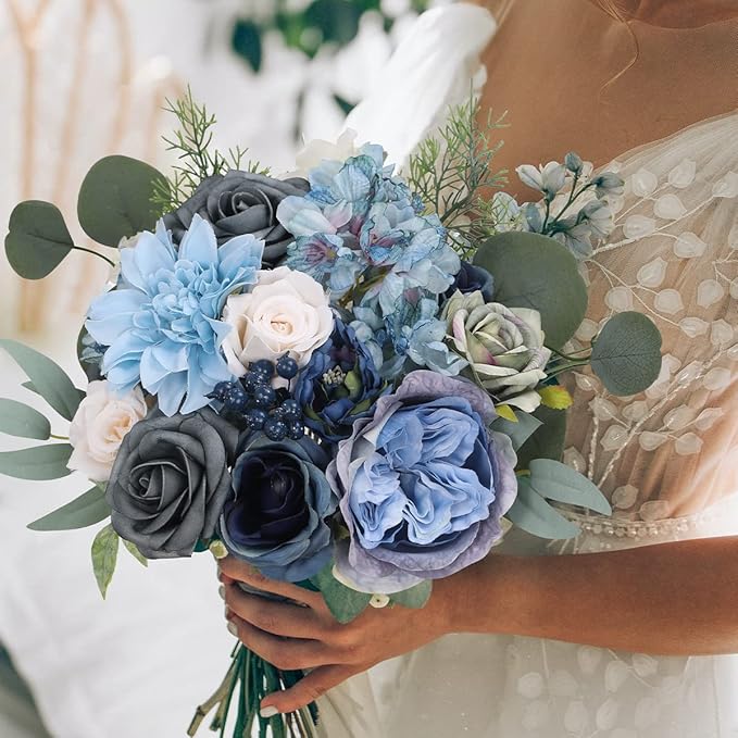 Floweroyal Artificial Flowers Combo Dusty Blue Flowers Mix Silk Flowers Dahlia - Image 6