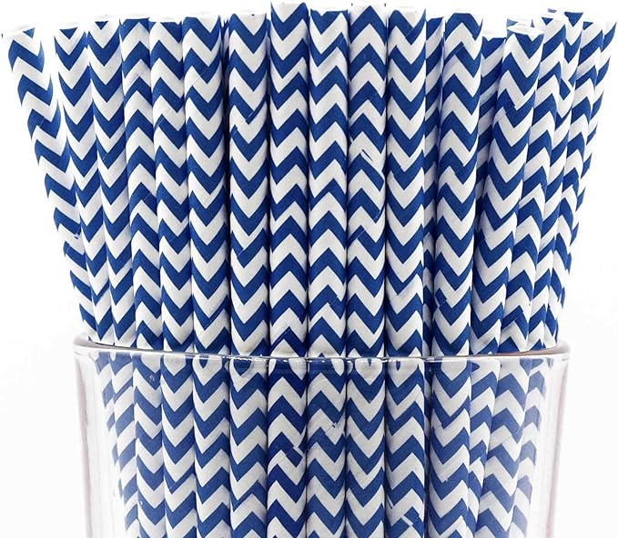 Pack of 300 Navy Blue Chevron Biodegradable 4-Ply Paper Drinking Straws by Stephanie+Imports