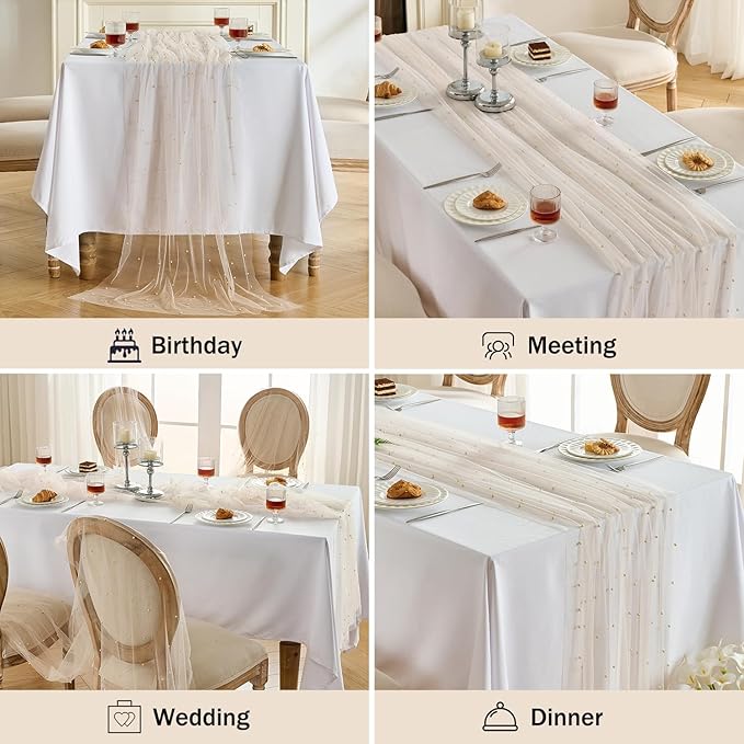 Fanami 1 Pack Pearl Table Runner -10FT Champagne Gold Boho Tulle Table Runners - Image 6