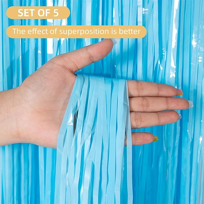 5 Pack Blue Foil Curtain Backdrop 3.2ft x 8.2ft Tinsel Foil Fringe Curtains - Image 2