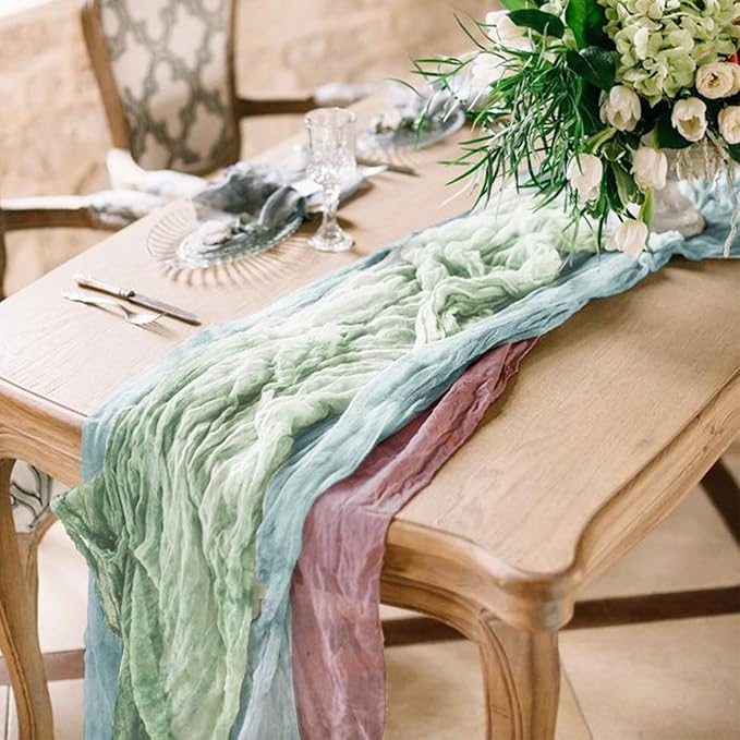 Hahuho Sage Green Cheesecloth Table Runner 10ft, Gauze Boho Rustic Table Runners - Image 6