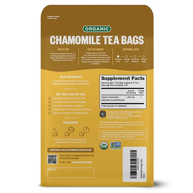 FGO Organic Chamomile Tea, 100 Eco-Conscious Tea Bags, Caffeine Free, - Image 2