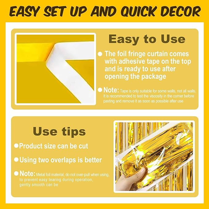 6 Pack Gold Foil Fringe Curtains Backdrop, 3.28 x 8.2 Ft Metallic Streamers - Image 3
