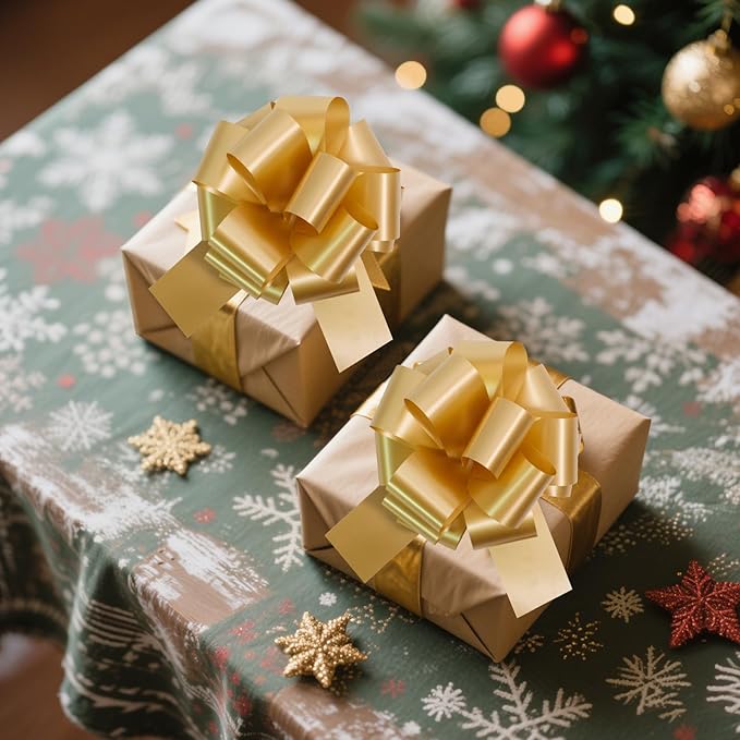 6 Pcs 6 Inch Golden Pull Bows, Gift Wrapping Baskets Wedding Christmas Party - Image 5