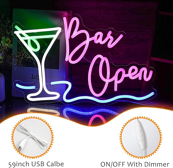 Bar Open Neon Sign Dimmable LED Cocktail Neon Lights Signs - Image 3