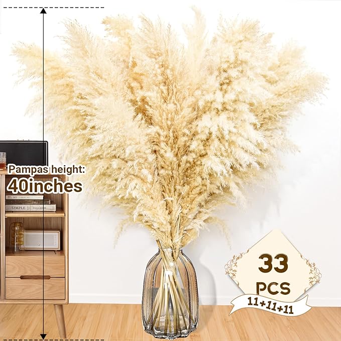 40" 33PCS Dried Pampas Grass Decor Tall, Large Natural Beige pompas Grass Tall - Image 2