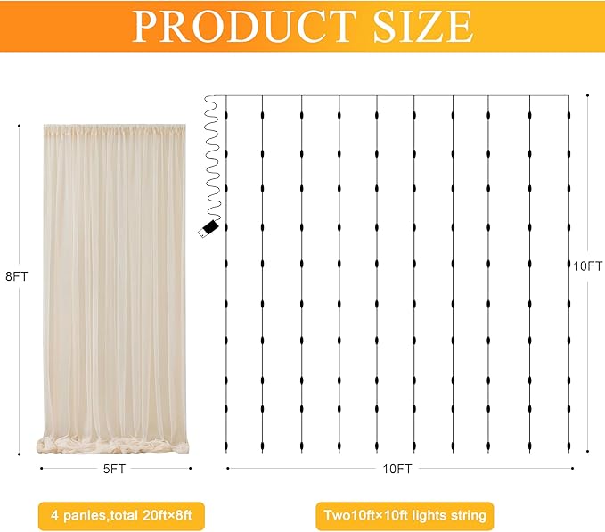 Fomcet Tulle Curtains with Lights String Champagne 20FT X 8FT Sheer Backdrop - Image 2