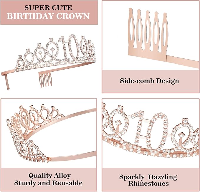 10th Birthday Decorations for Girls, Including Sash, Crown/Tiara, Cake Topper. - Image 4