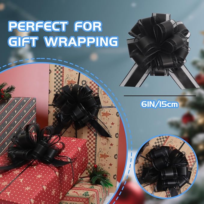 6 Pcs 6 Inch Black Pull Bows, Party Decorations, Crafts Easy-to-Use Pull Bows - Image 2