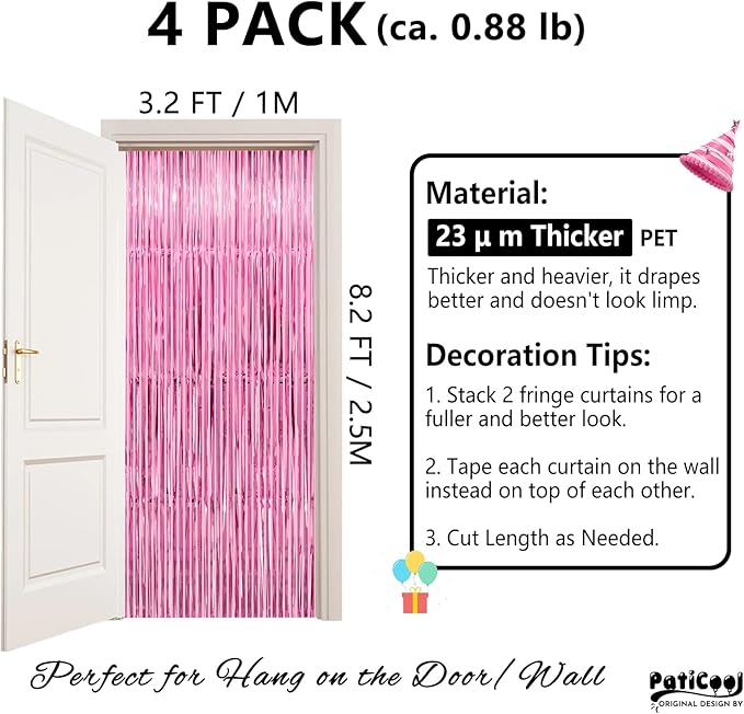 Pink Streamers - Thicken 4 Pack 3.2 x 8.2 FT - Pink Tinsel Foil Fringe Curtains - Image 2