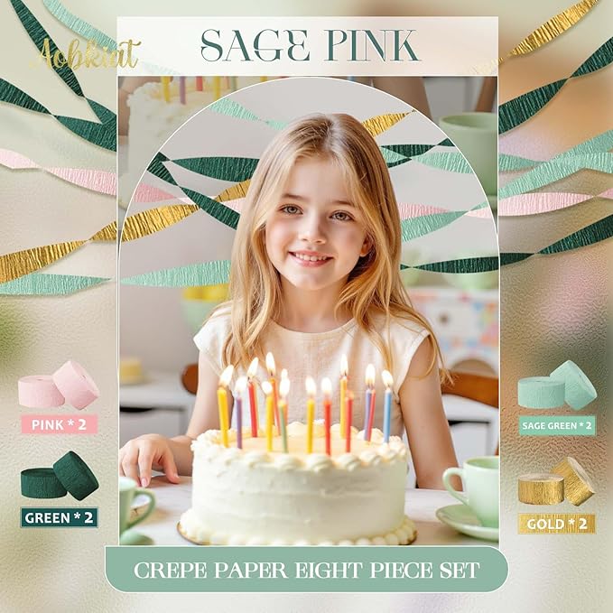 AOBKIAT Wedding Decor Sage Pink Gold Crepe Paper 8 pcs Streamers Party - Image 8