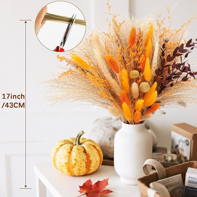Fall Home Decor 104Pcs Orange Pampas Grass Autumn Dried Flowers Decorations - Image 3