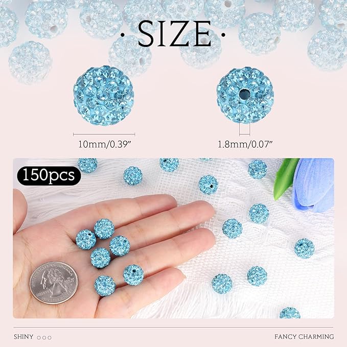 150 pcs 10mm Rhinestone Beads for Jewelry Making, Aquamarine Shiny Round - Image 2