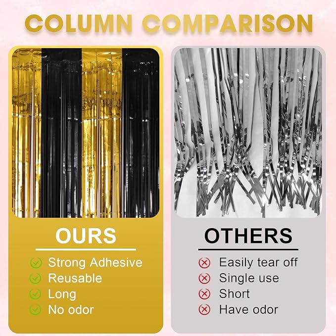 4 Pack Black and Gold Foil Fringe Backdrop Curtains, Tinsel Streamers Birthday - Image 5