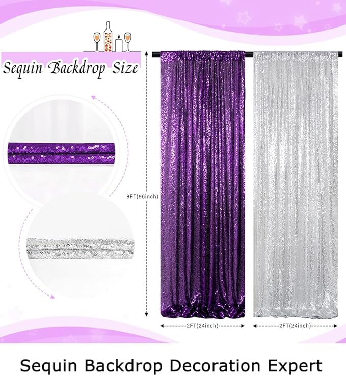 ShinyBeauty Purple and Silver Sequin Backdrop Curtains, 4 Panels 2FTx8FT - Image 6
