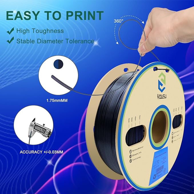YOUSU PLA Filament 1.75mm, 3D Printer Filament Silk Black Blue Color Changing - Image 3