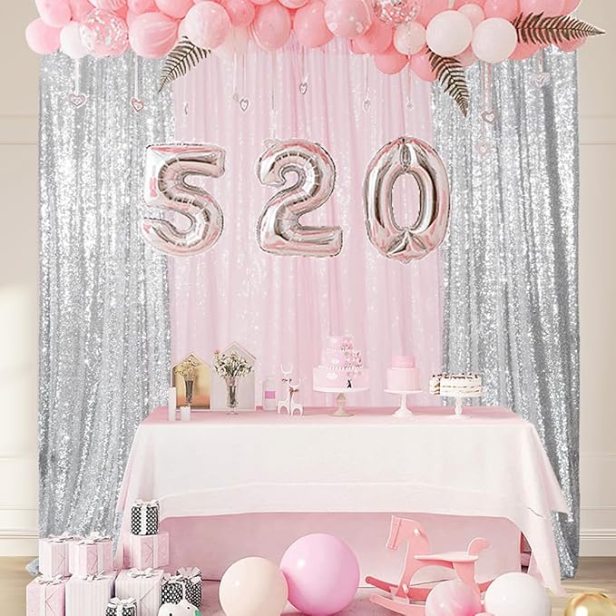 Juya Delight 4 Panels Silver&Pink Sequin Backdrop Curtain 2FTx8FT Glitter - Image 3