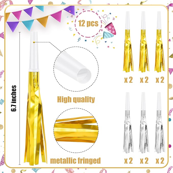 12 Pcs Glitter Noise Makers Metallic Fringed Party Blower - Image 2