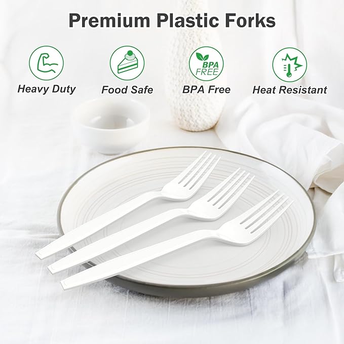 360 Count Extra Heavy Duty White Plastic Forks Disposable, Heat Resistant - Image 4