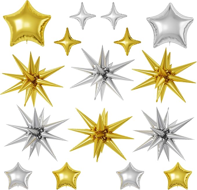 16 Pcs Gold Silver Star Balloons, 22/18/10 Inch Foil Balloons, Four-Pointed by Sowide