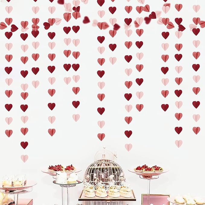 Rose-Gold Pink Burgundy-Red 3D-Heart Garland - 39Ft Party Decorations Hanging - Image 6