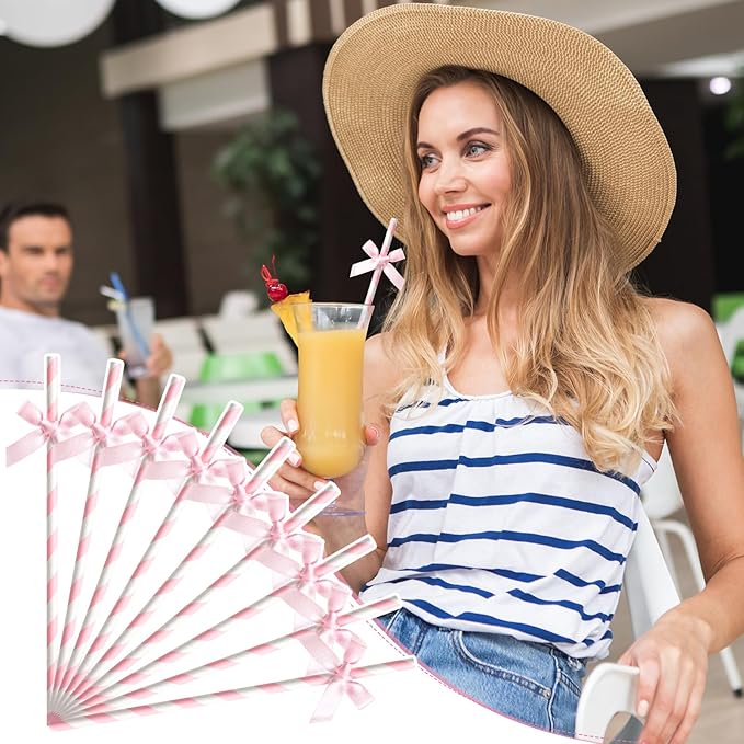 150 Pcs Pink Paper Straws for Drinking, Bow Disposable Striped Paper Straws - Image 6