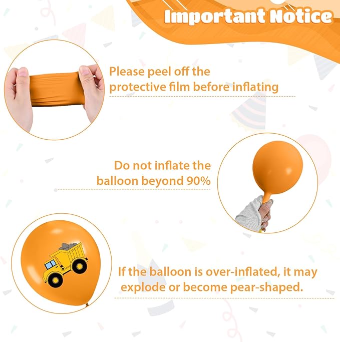 Construction Balloons, 12 Inch Black Yellow Orange Truck Printed Confetti - Image 3