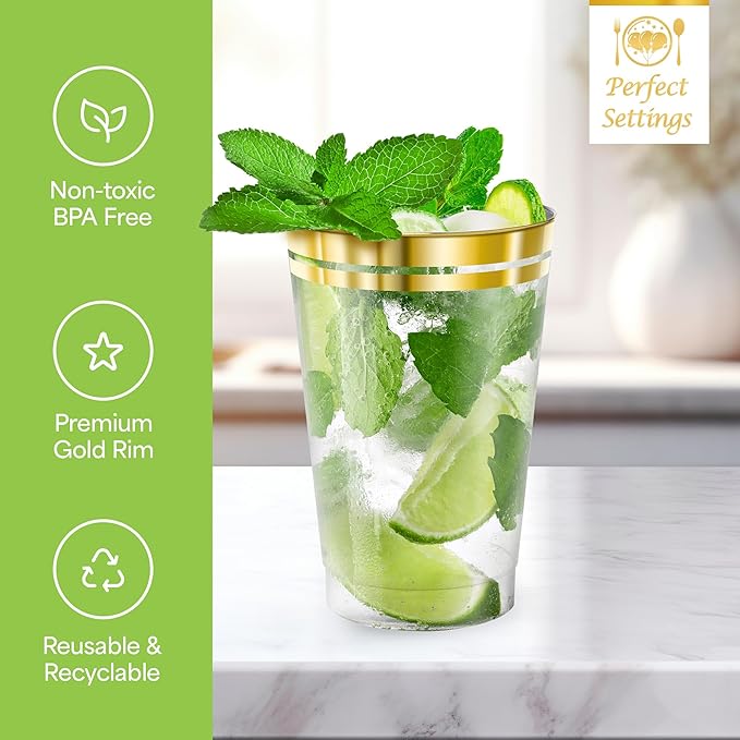 Perfect Settings Premium Double Gold Rimmed Disposable Plastic Cups, Durable - Image 4