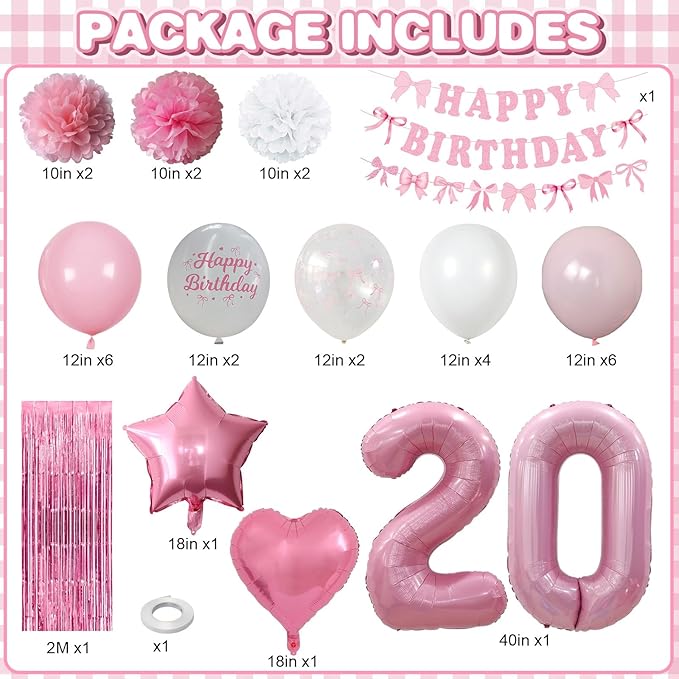 20th Birthday Decorations for Girls Pink Number 20 Balloon Bow Coquette Happy - Image 4
