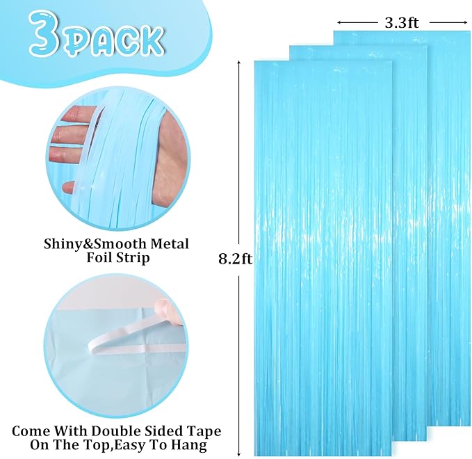 3 Pack 3.3 x 8.2 ft Pastel Blue Foil Fringe Backdrop Curtains, Tinsel Streamers - Image 3