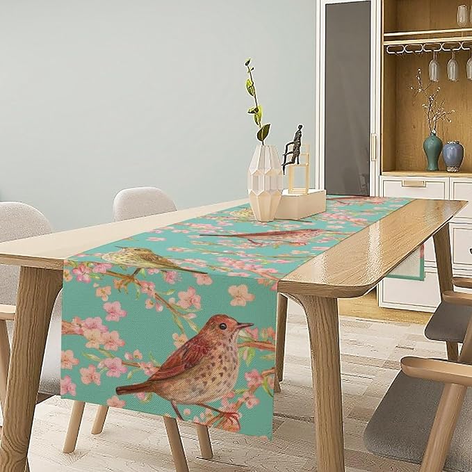 Table Runner with Flowers and Birds, Spring Plant Flowers Table Decoration - Image 3