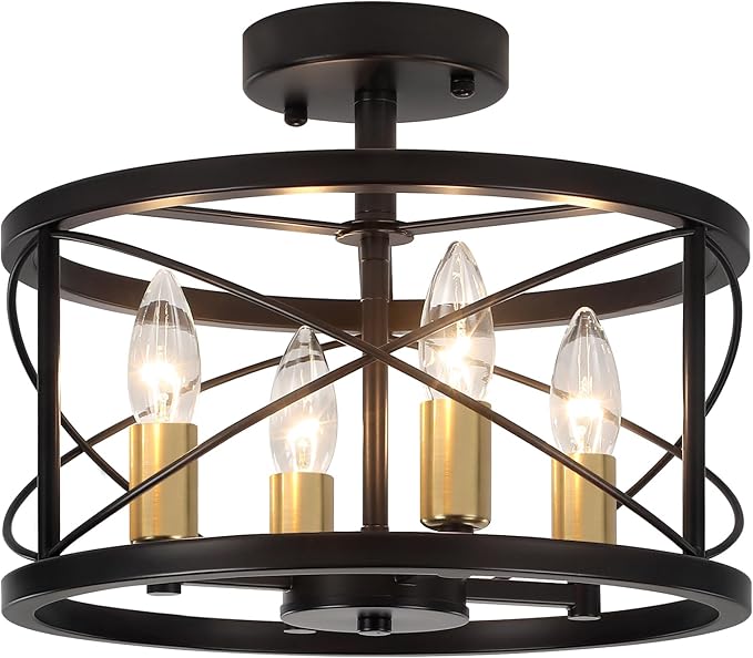 Black and Brushed Gold Semi Flush Mount Ceiling Light, Farmhouse Modern Light - Image 9