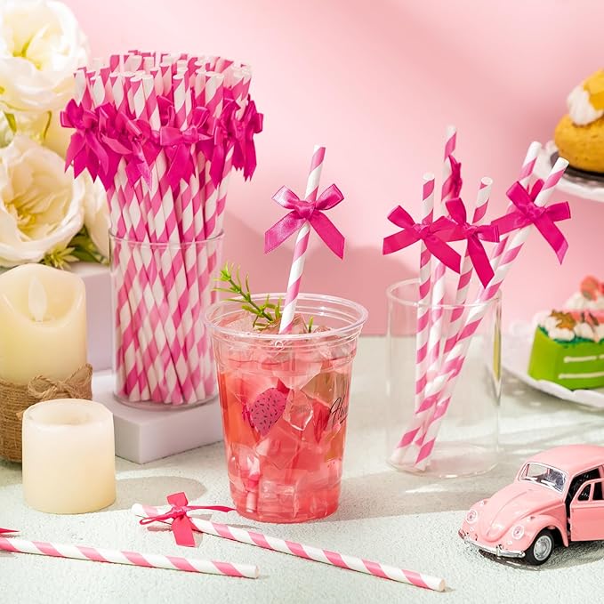 50 Pcs Rose Red Paper Straws for Drinking, Bow Disposable Striped Paper Straws - Image 4