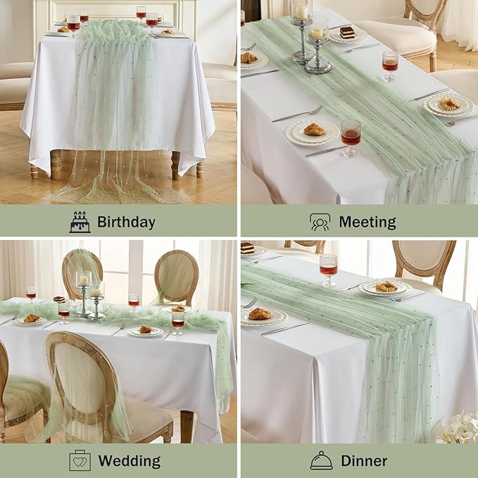 Fanami 1 Pack Pearl Table Runner -10FT Sage Green Boho Tulle Table Runners 120 - Image 6