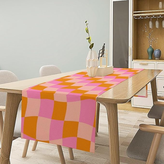 Checkered Table Runner Orange Retro 60s70s Boho Style Kitchen Restaurant - Image 3