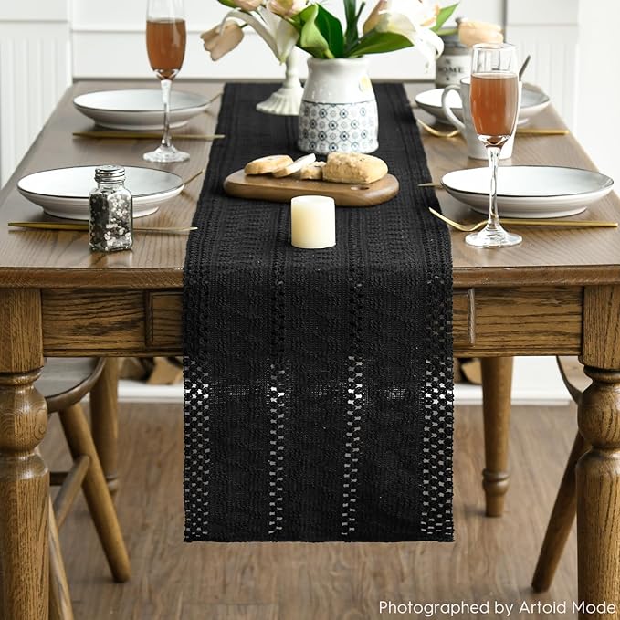 Artoid Mode Black Farmhouse Woven Rustic Hollow Table Runner, Seasonal Holiday - Image 2